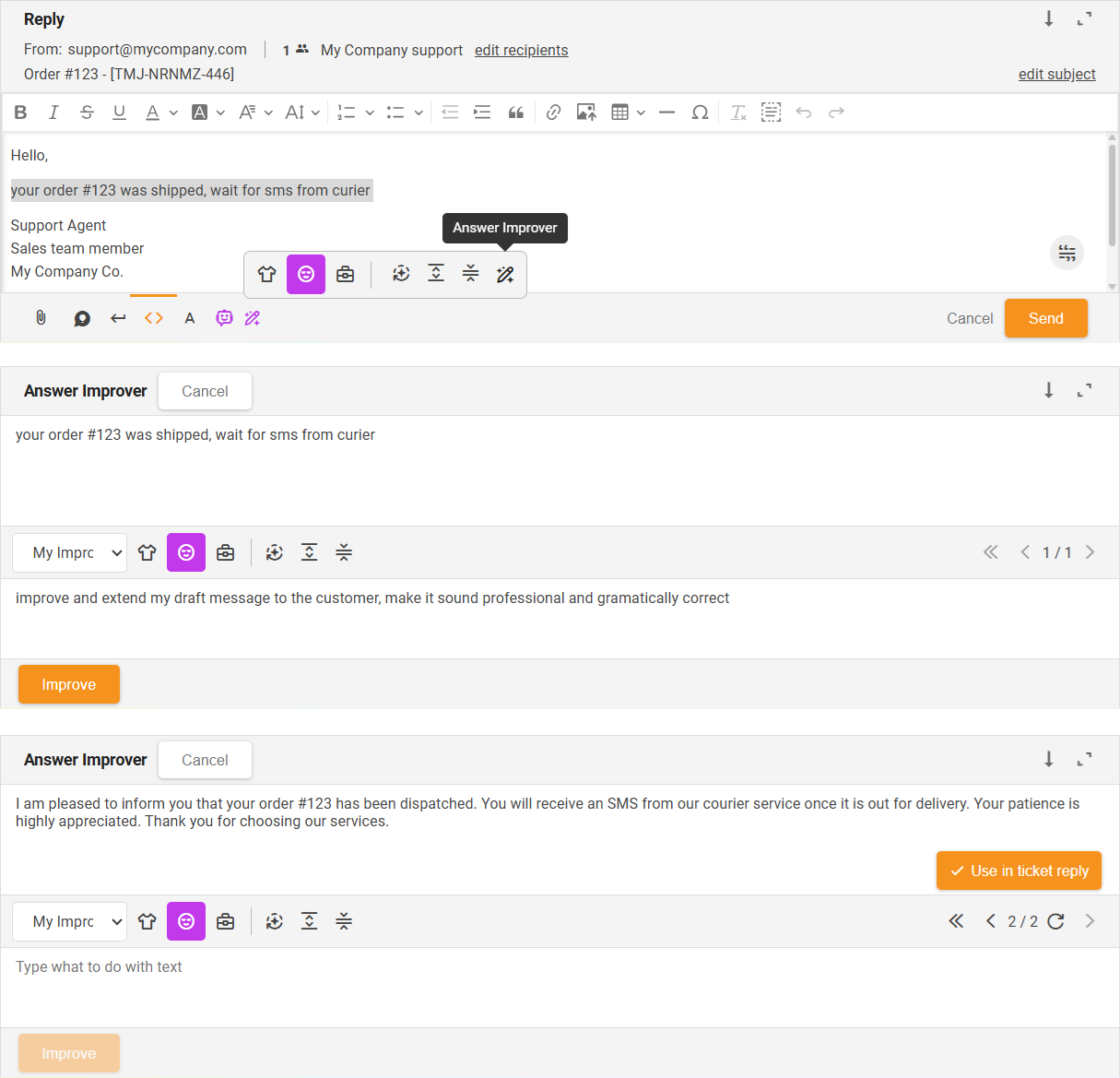 Função Melhorador de Respostas com IA (instruções personalizadas) refinando uma mensagem