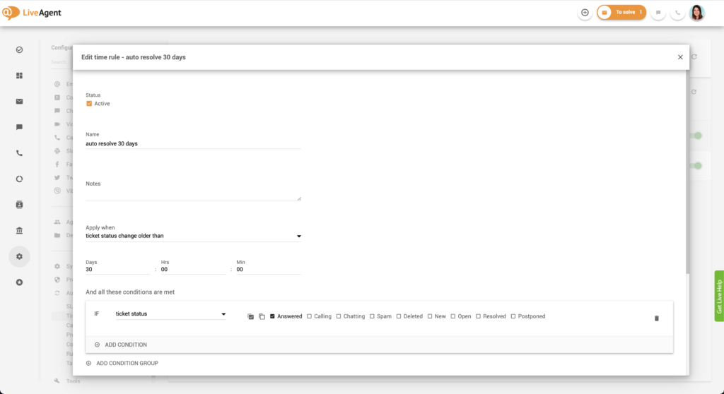 Editar regra de tempo no LiveAgent