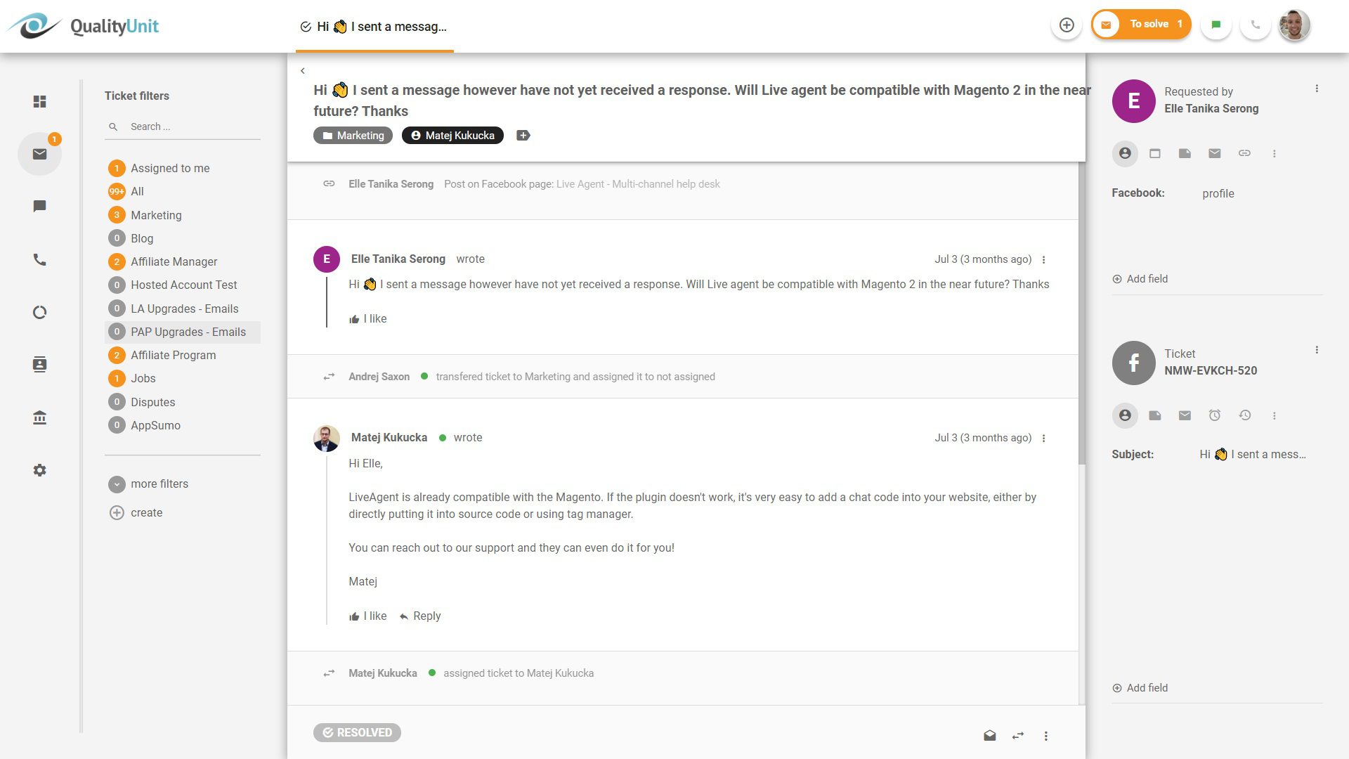 Respondendo a postagens do Facebook do LiveAgent
