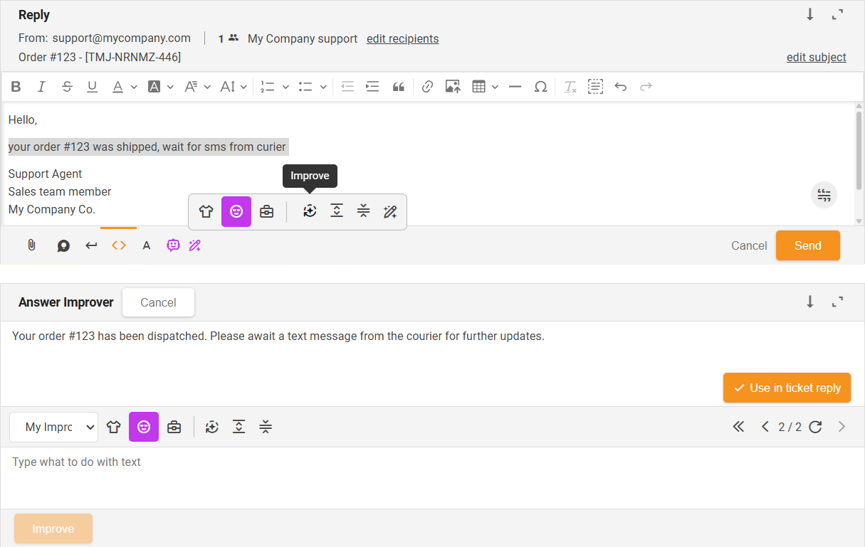 Função Melhorar do Melhorador de Respostas com IA - visão geral da interface