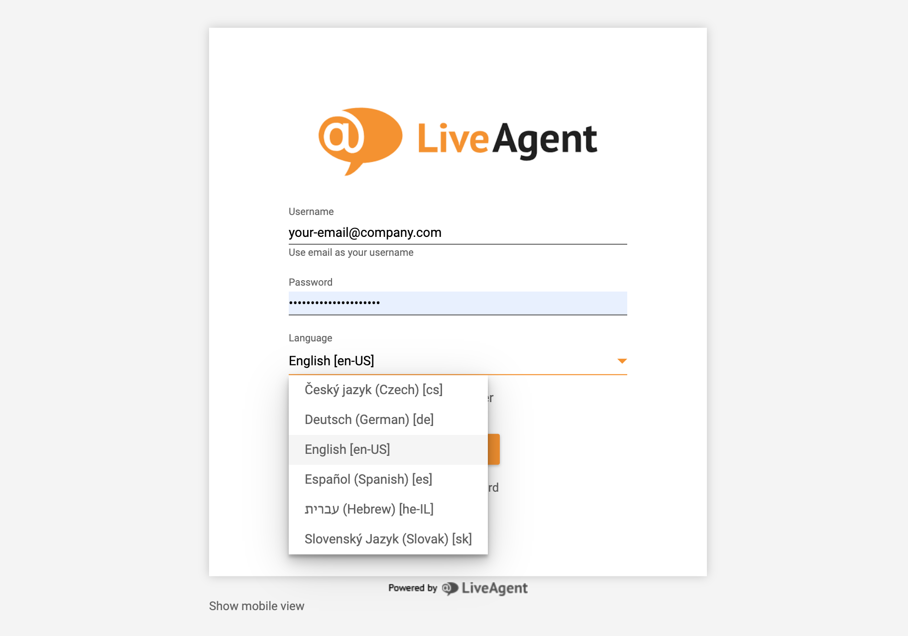 LiveAgent login - escolha de idioma