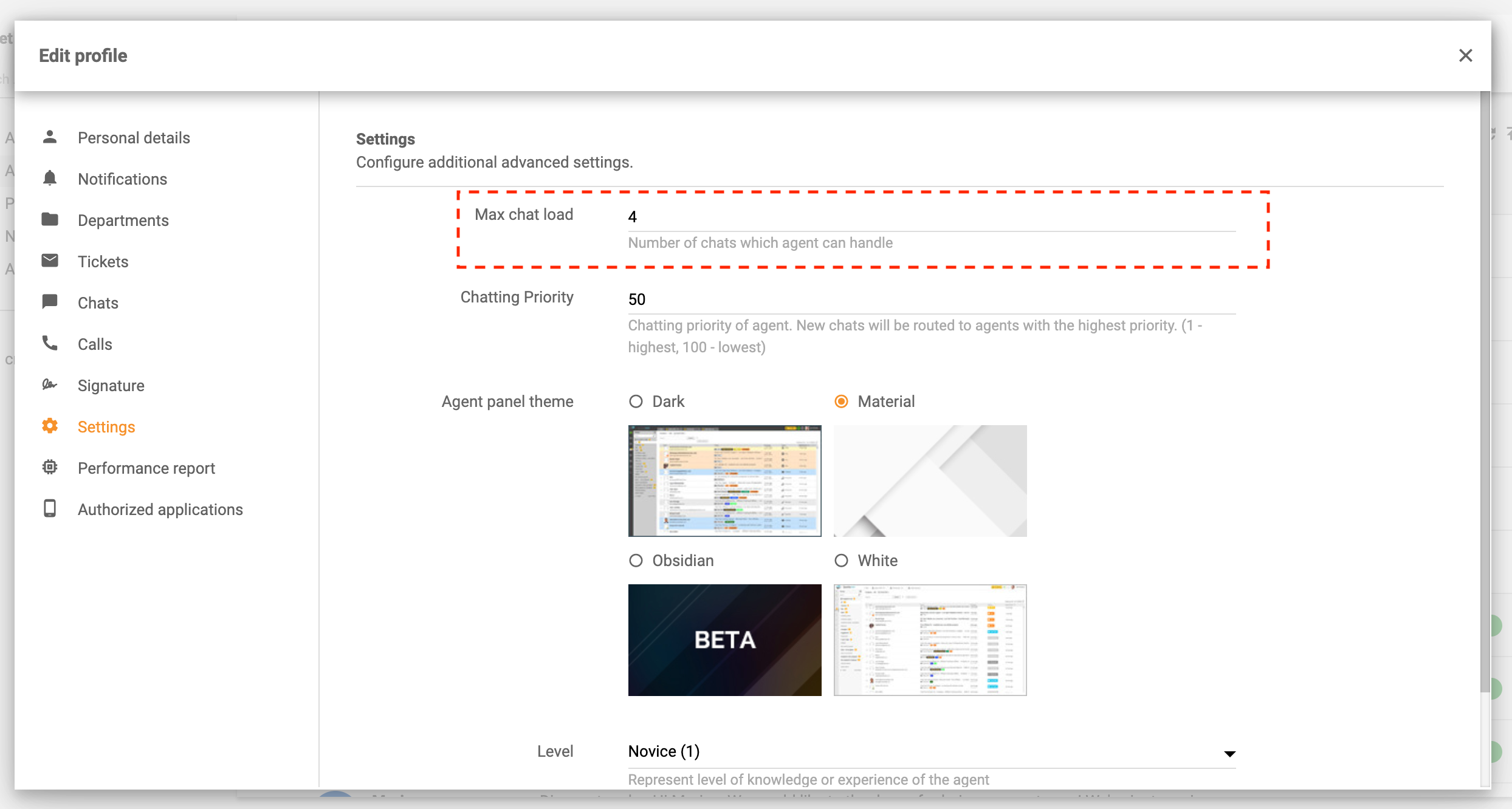 Carga máxima de chat de ticket