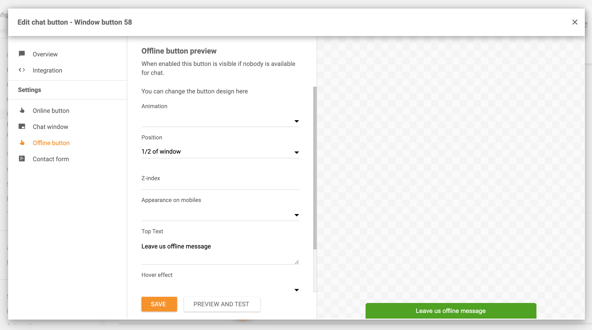 Configurações do botão de chat offline LiveAgent