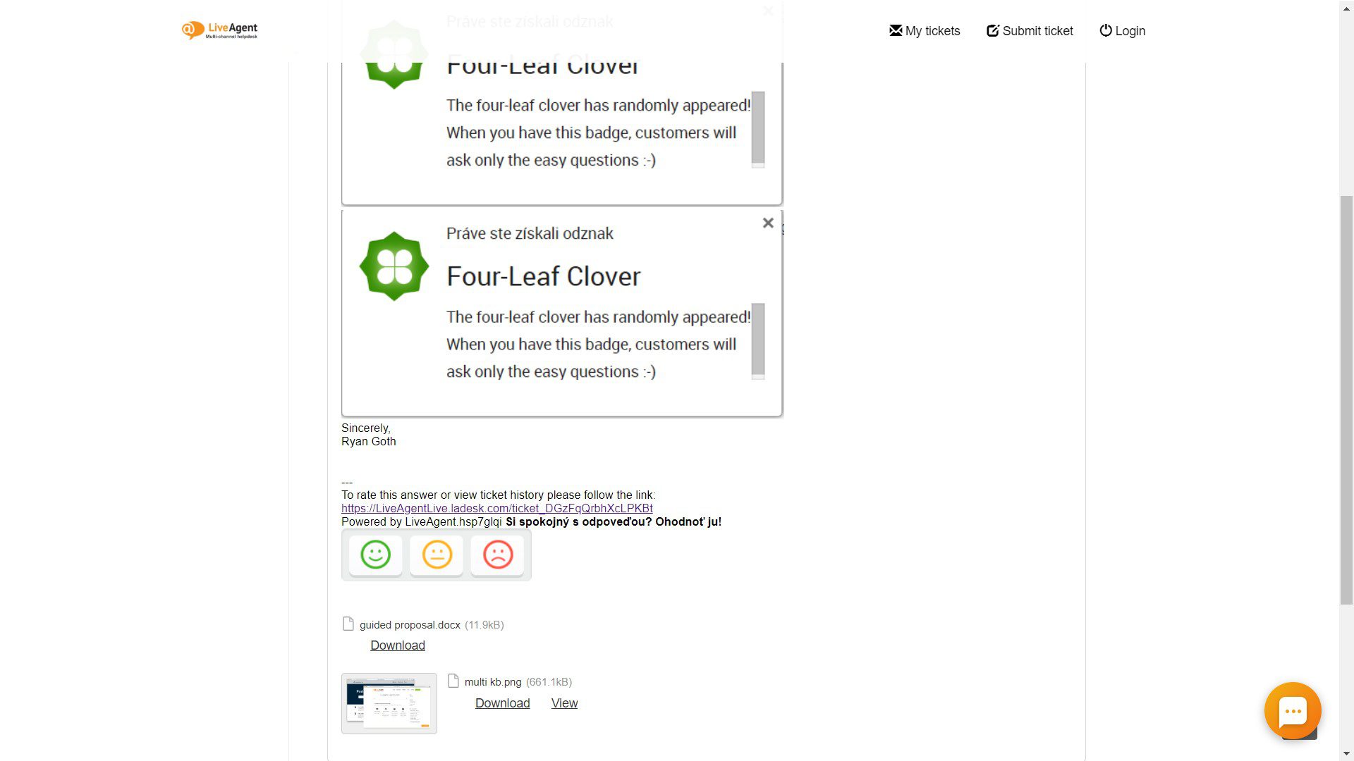 Envie o histórico completo do ticket para alguém compartilhando um link clicável