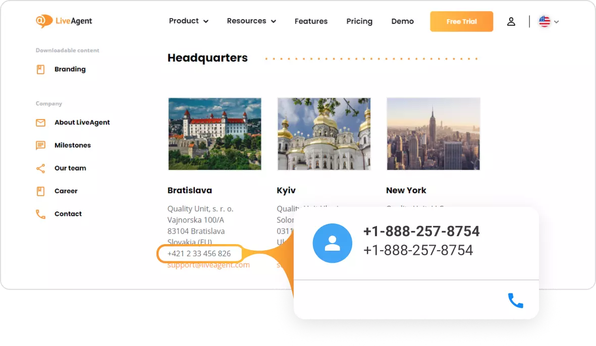 Cartão de contato Click to call do LiveAgent