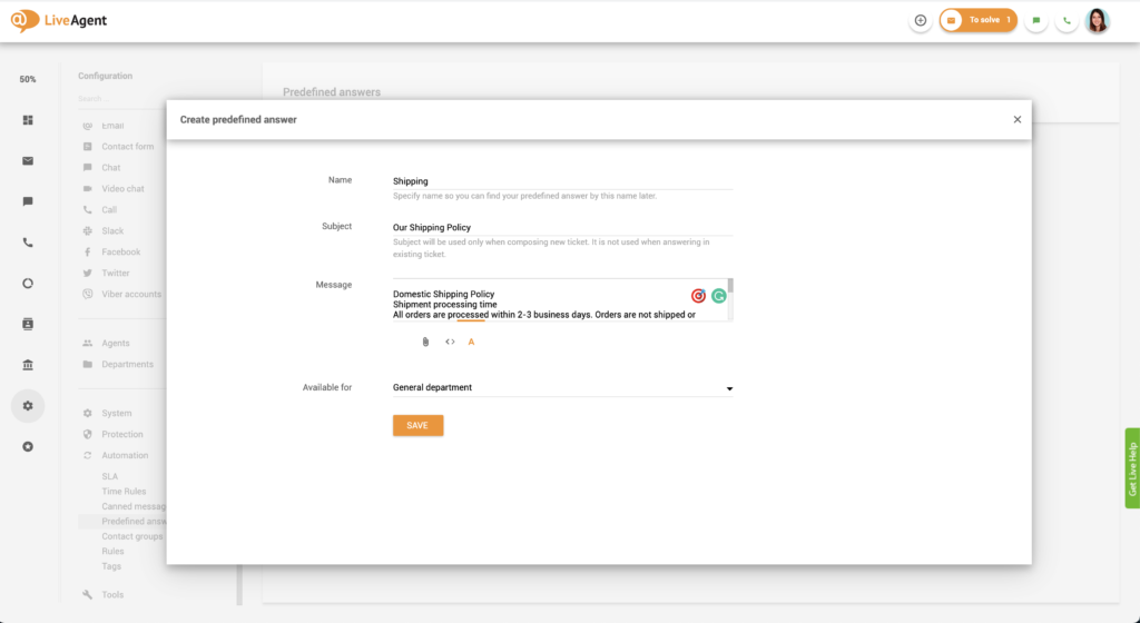 Configuração de respostas predefinidas no LiveAgent