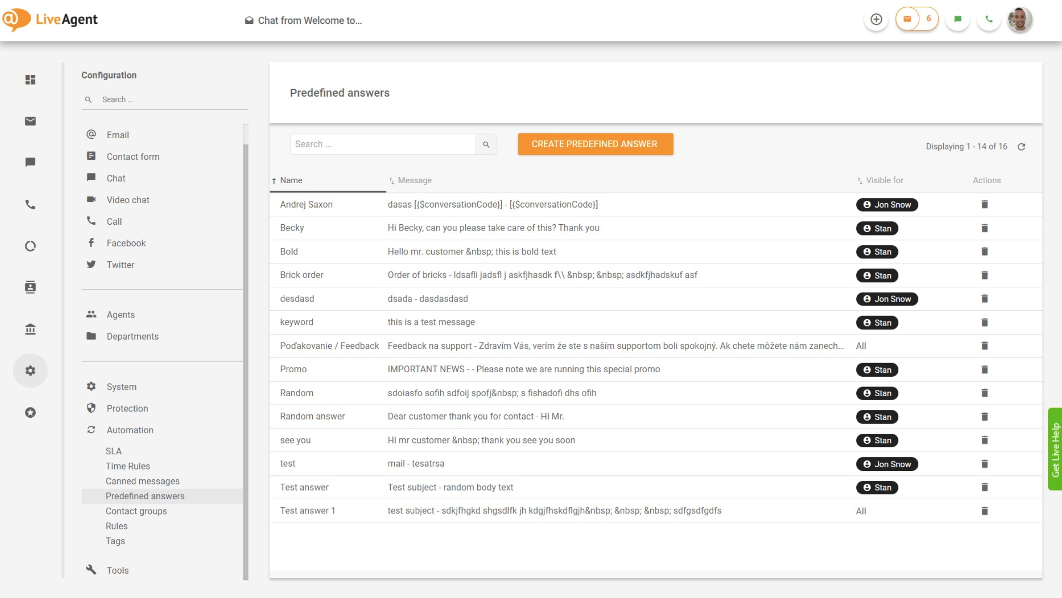 LiveAgent – Visão geral de respostas predefinidas