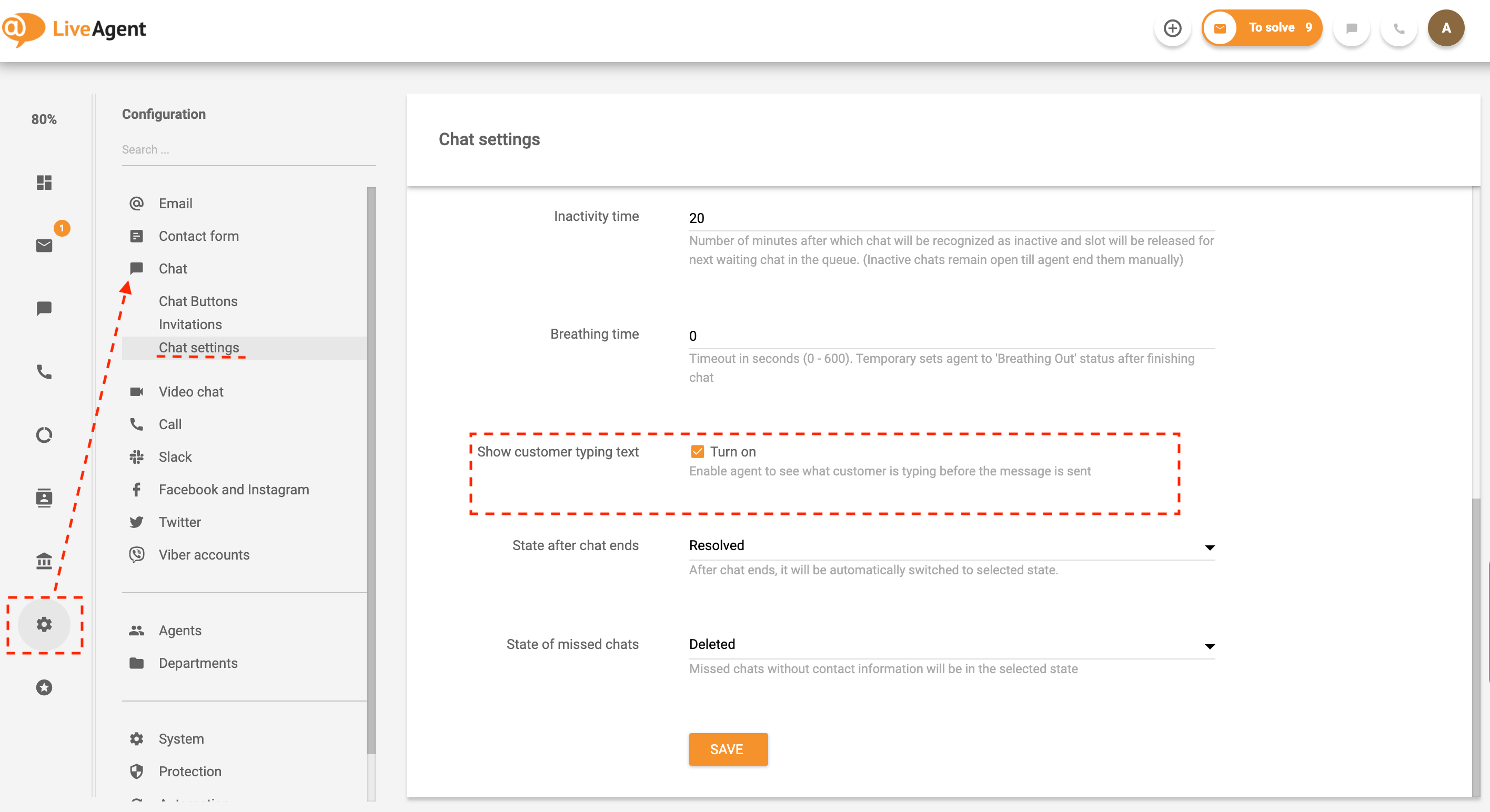 Configurações de visualização de digitação em tempo real no LiveAgent