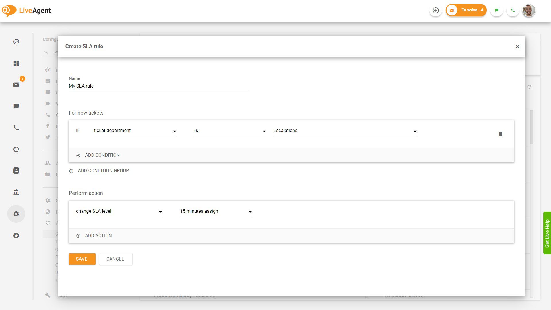 Criação de regra de SLA no LiveAgent