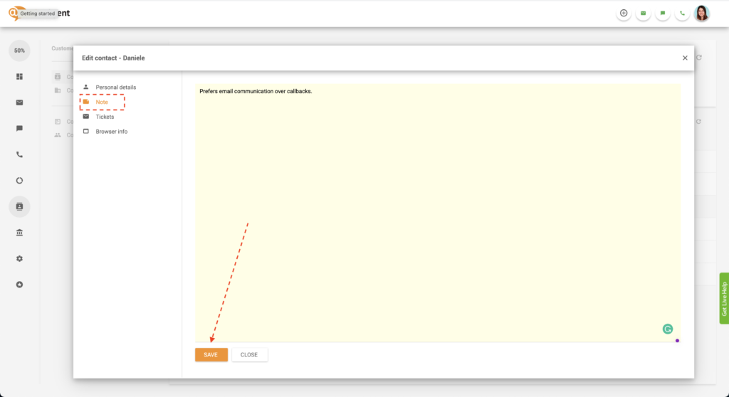 Salvar nota de contato no LiveAgent