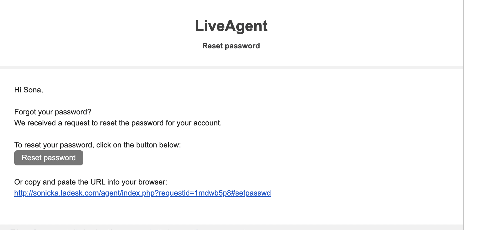 Email de redefinição de senha LiveAgent