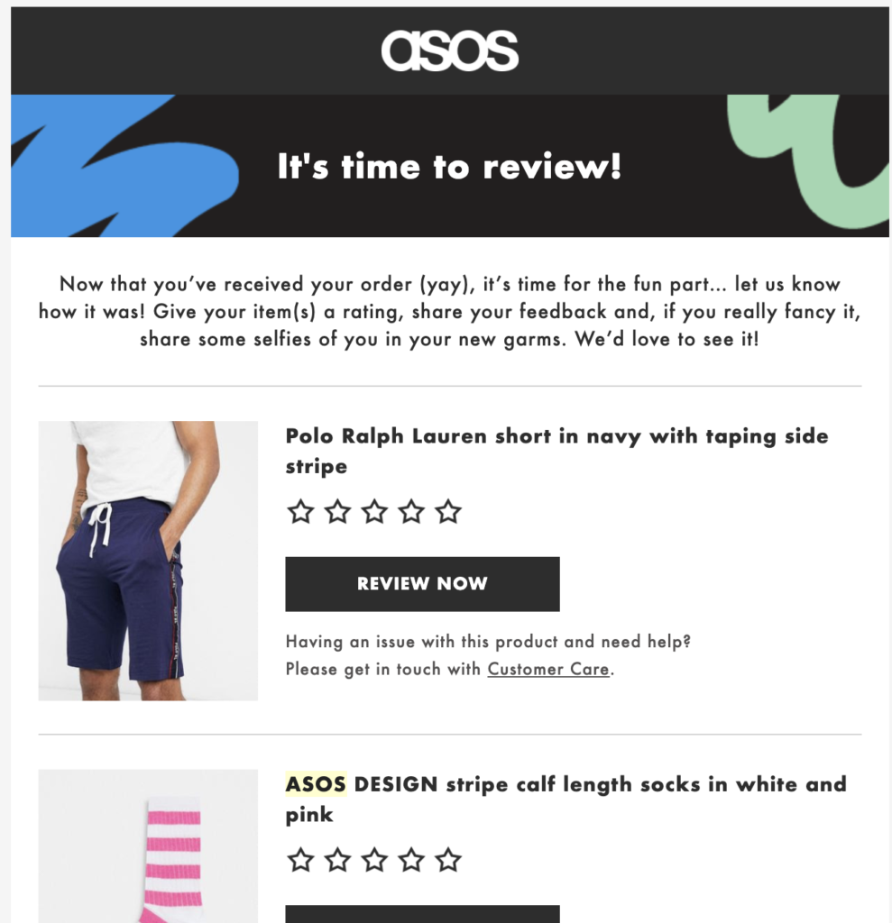 Modelo de email pós-compra da Asos