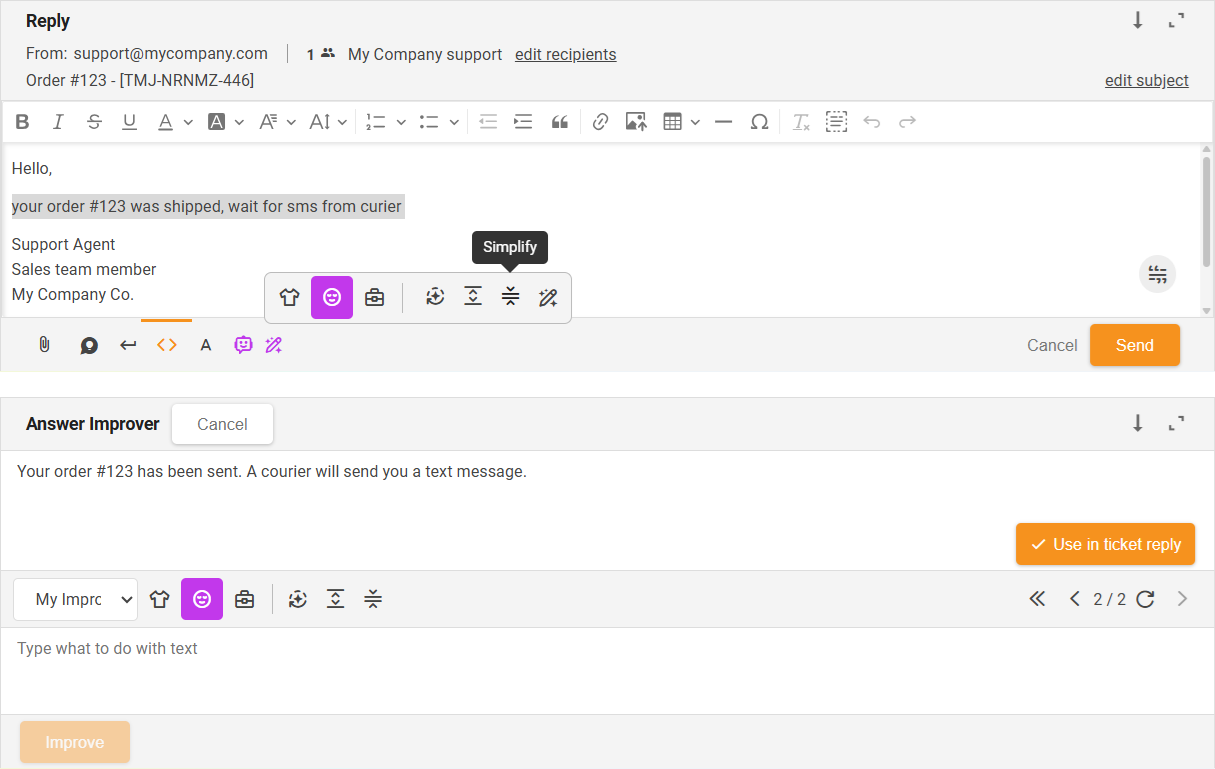 Função Simplificar do Melhorador de Respostas com IA - visão geral da interface