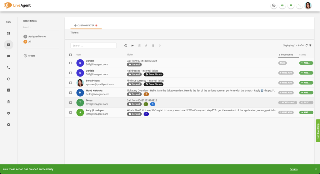 Notificação de ação em massa bem-sucedida