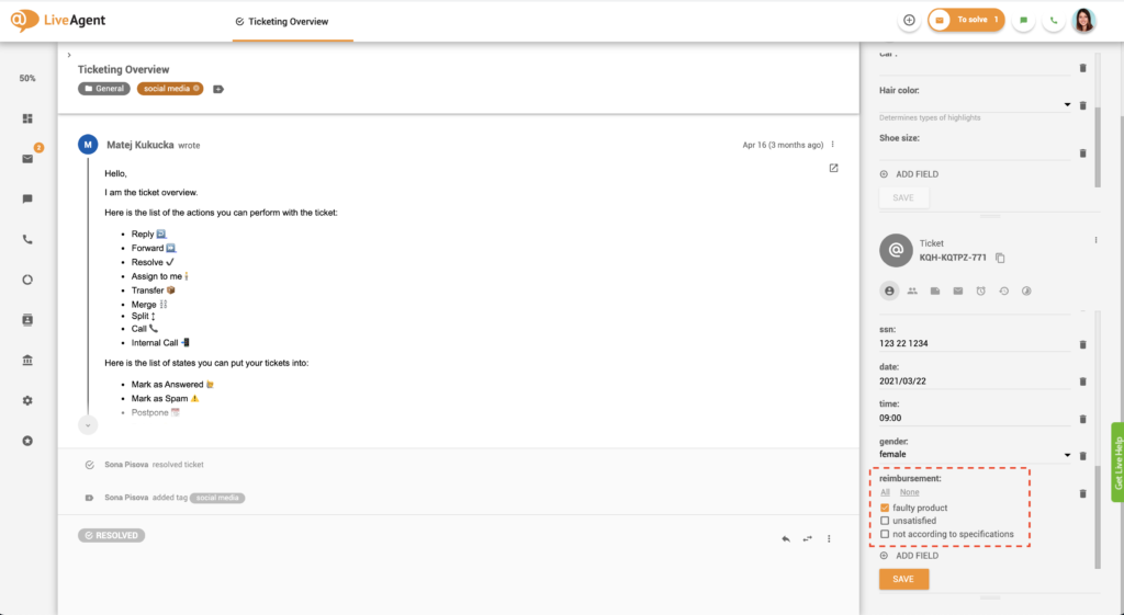 Exemplo de grupo de caixa de seleção de campos de ticket