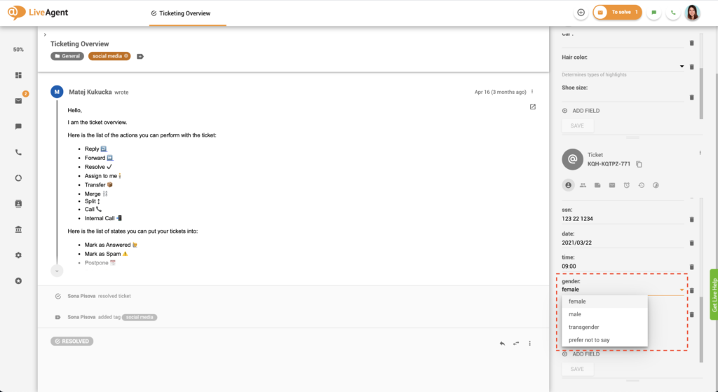 Exemplo de caixa de listagem de campos de ticket