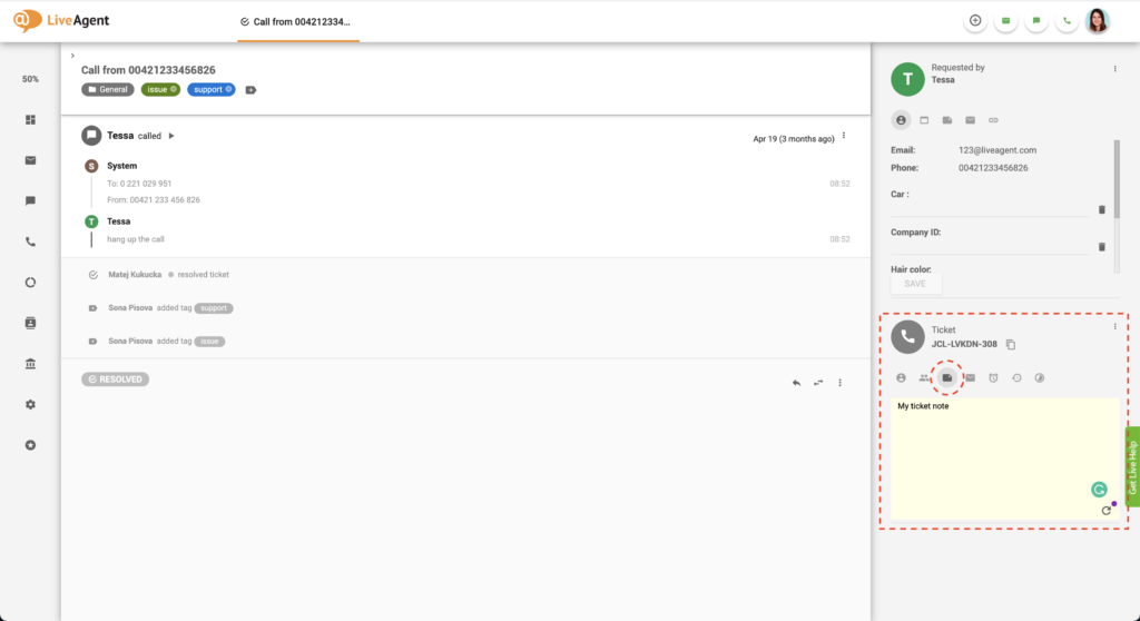 Campo de nota de help desk de ticket