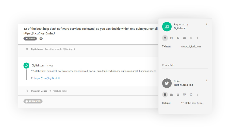 Ticket do Twitter no LiveAgent