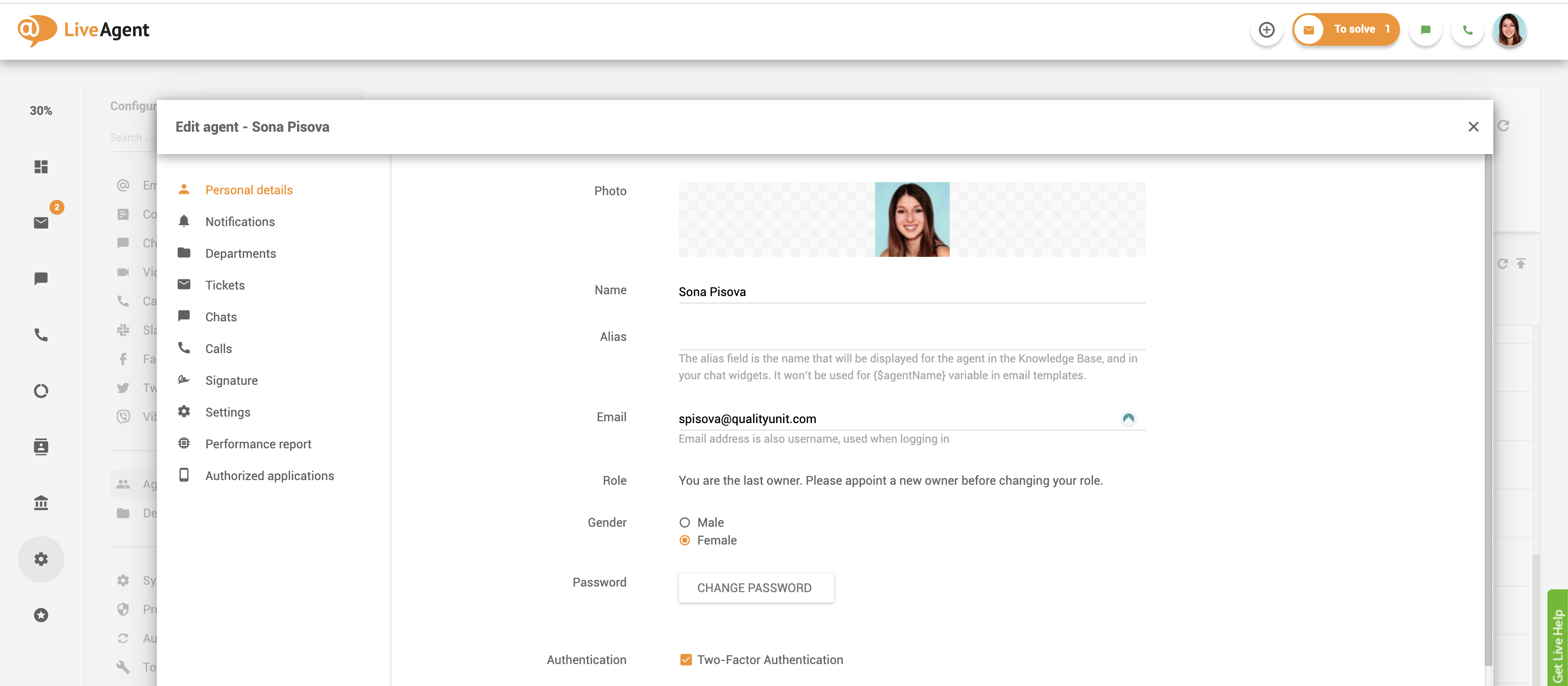Detalhes pessoais do agente