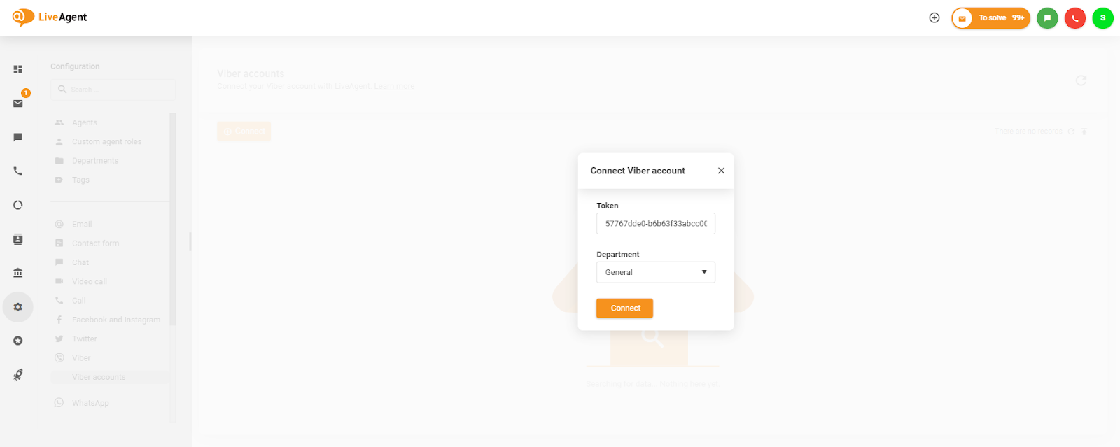 Colocando o token na janela Conectar conta Viber