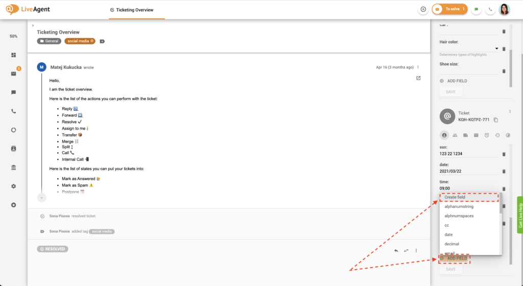Adicionando um novo campo de ticket na visualização de ticket