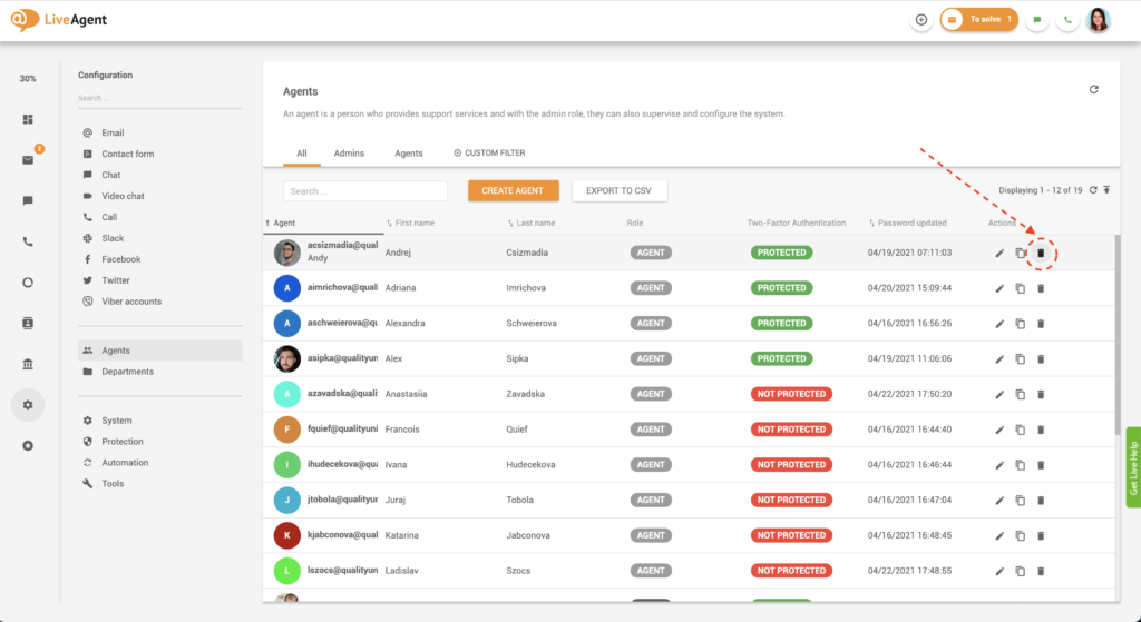 Botão Deletar agente