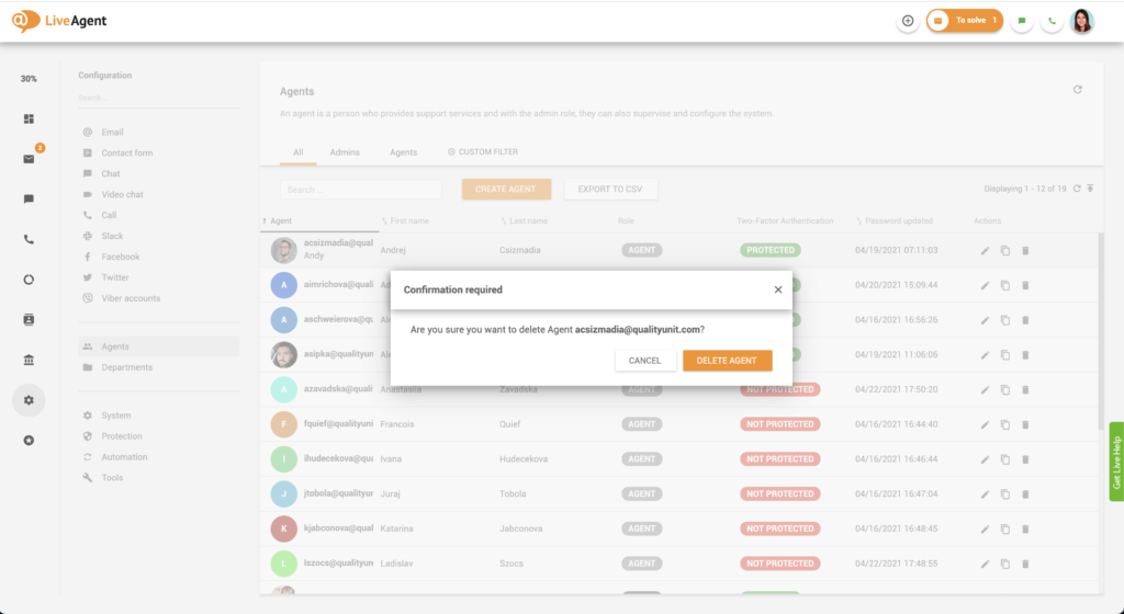 Confirmação de deletar agente