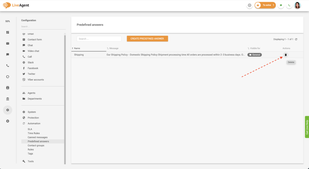 Deletando resposta predefinida no LiveAgent