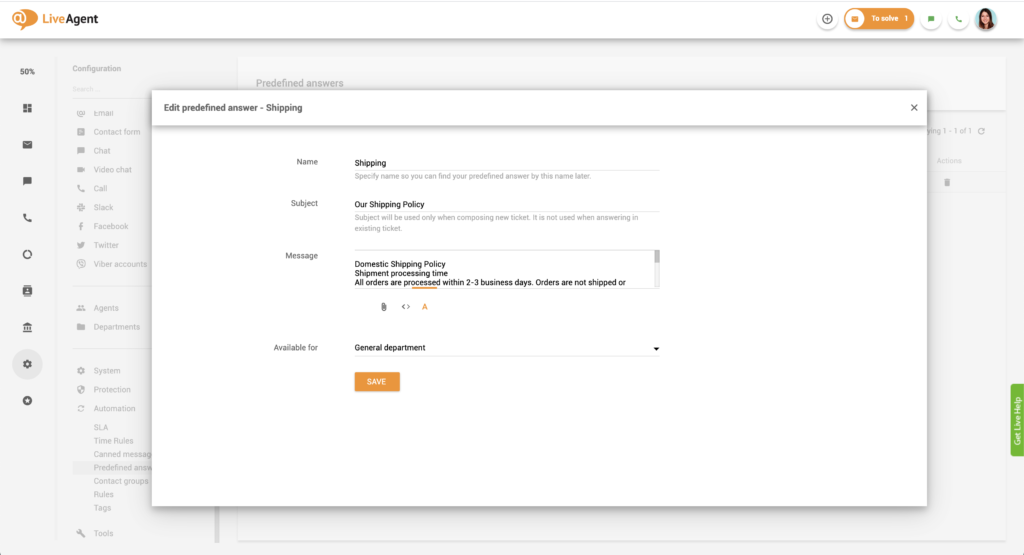 Editando respostas predefinidas no LiveAgent