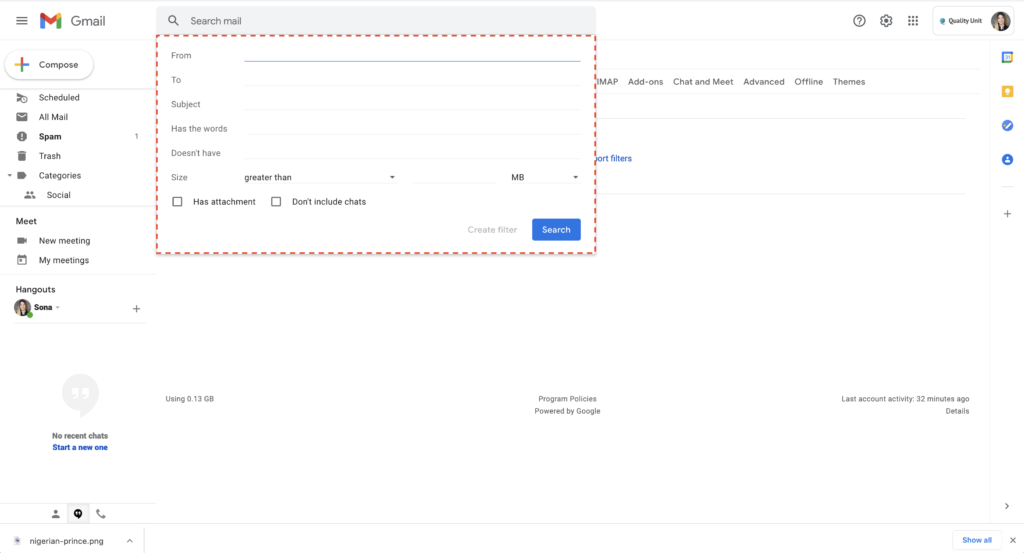 Exemplo de filtragem de spam do Gmail 2