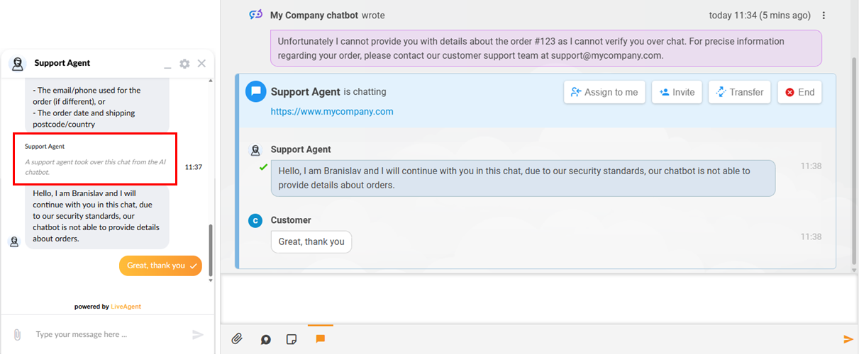 Visualização da Transferência para Agente Humano com IA do LiveAgent