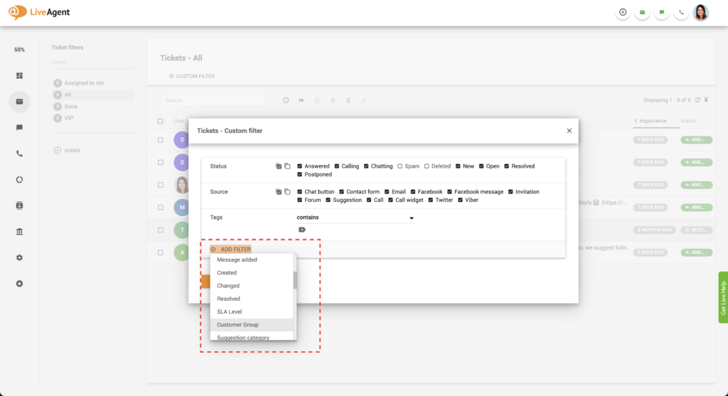 LiveAgent Adicionar filtro de cliente