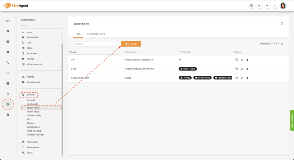 LiveAgent Criar filtro global