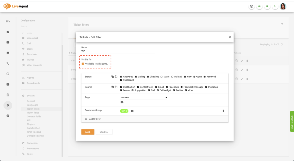 LiveAgent Editar filtro global