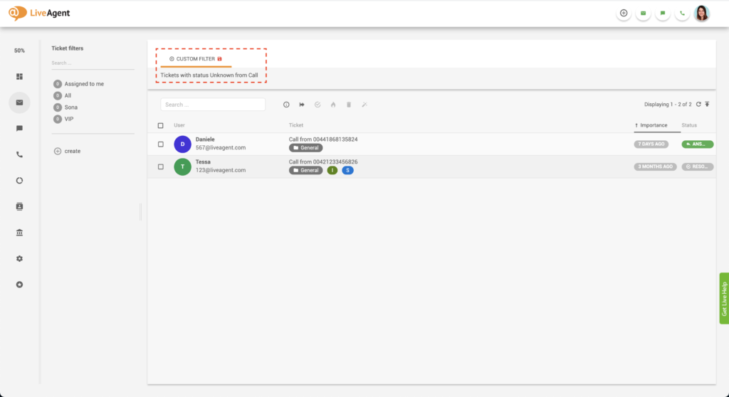 LiveAgent Tickets filtrados