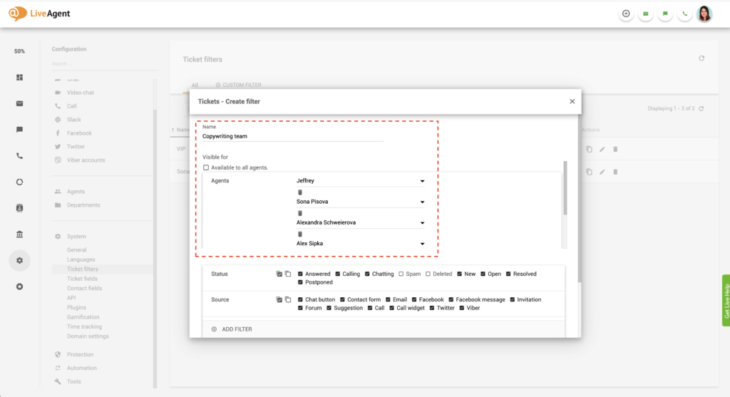 LiveAgent Filtro global