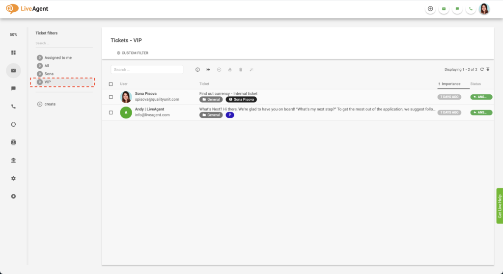 LiveAgent Filtro de ticket VIP