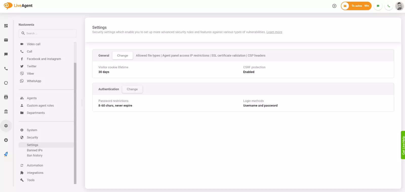 Alterar configuração de autenticação no LiveAgent
