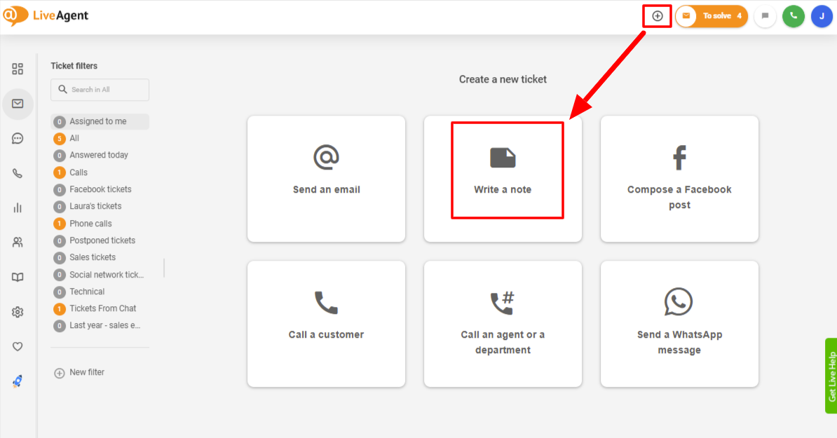 LiveAgent usar notas internas para criar um ticket