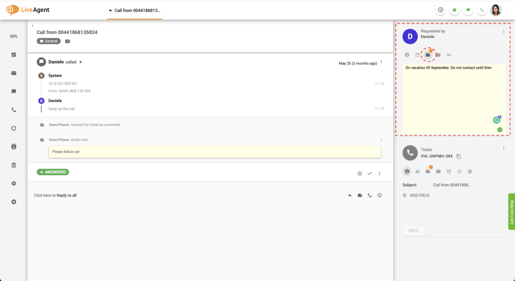 Nota de cliente do Liveagent