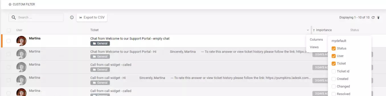Exportação CSV de colunas ou visualizações específicas