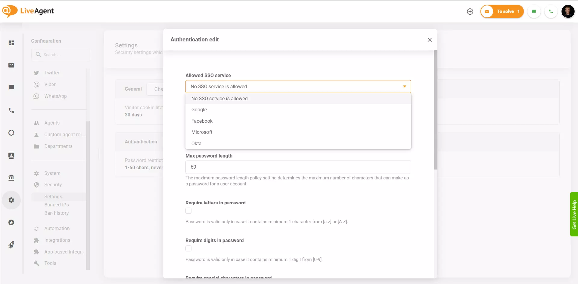 Provedores SSO do LiveAgent