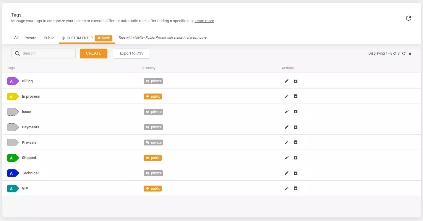 Recurso de arquivamento de tags no LiveAgent