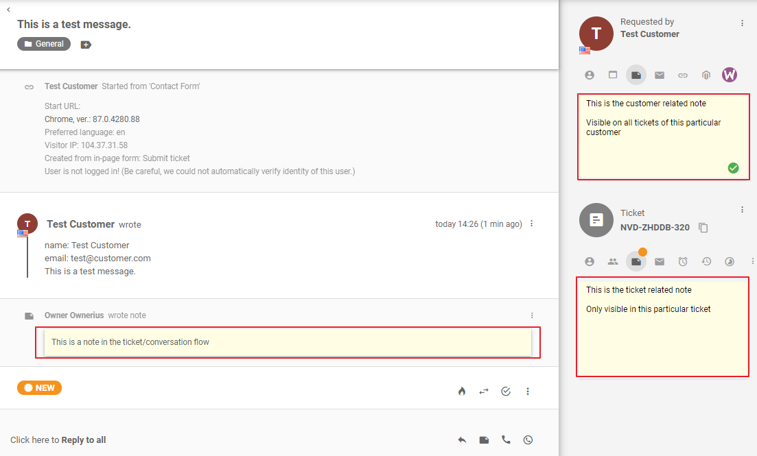 Diferentes tipos de notas internas do LiveAgent