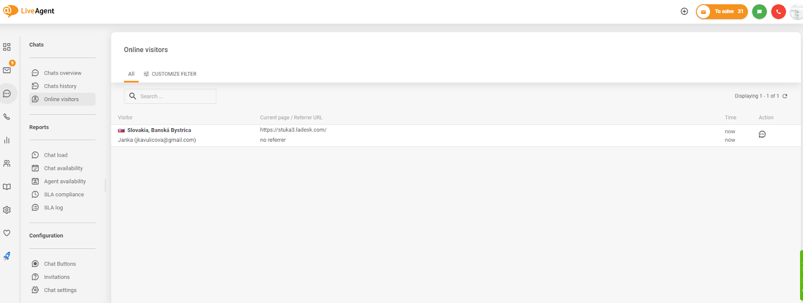 Captura de tela do rastreamento de visitantes do site no LiveAgent