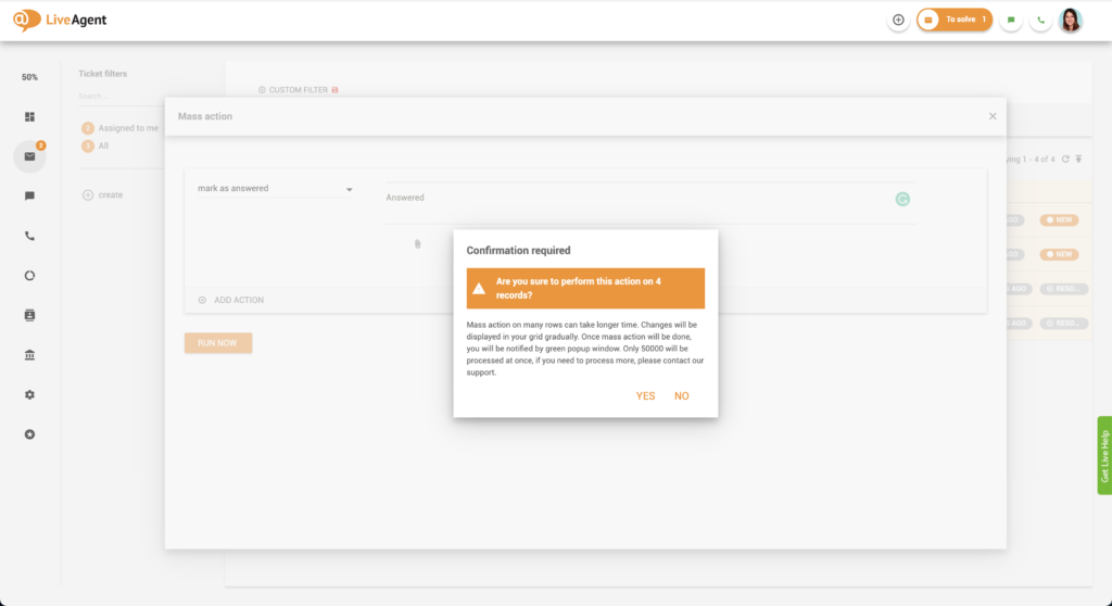 Caixa de diálogo de confirmação de ação em massa