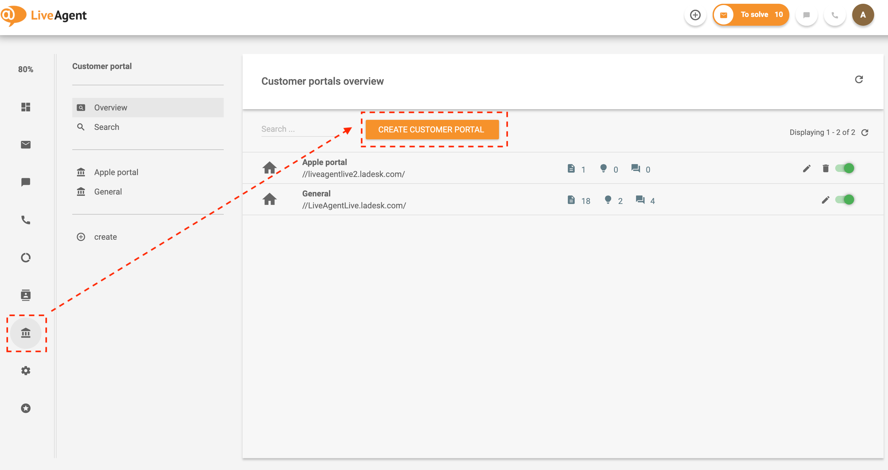 Navegue até a base de conhecimento no LiveAgent