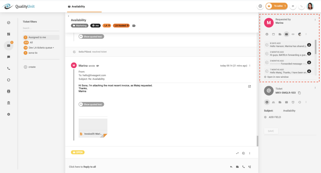 Histórico de comunicação em threads - LiveAgent