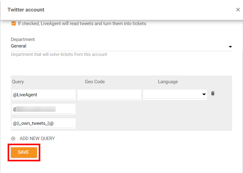 Salvar configurações de integração do Twitter