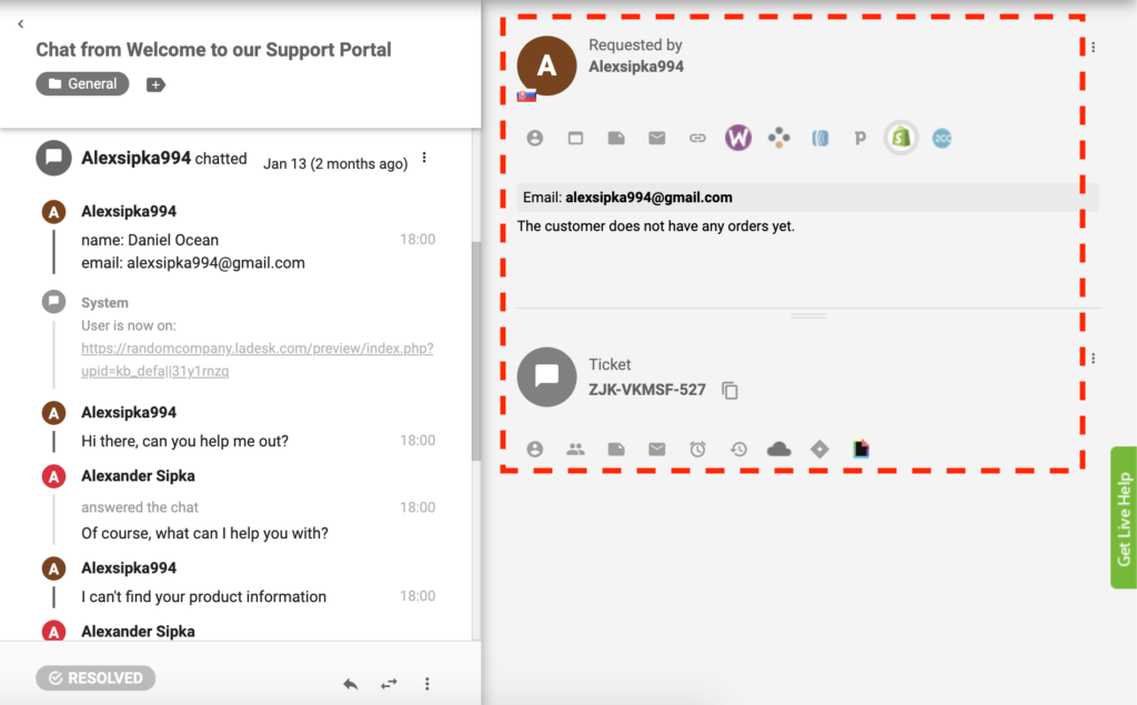 Plugin Shopify ativo no LiveAgent